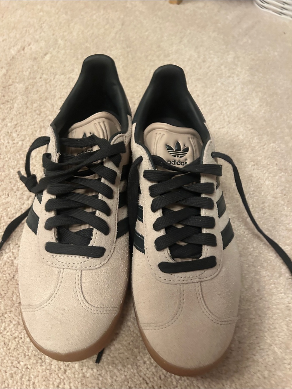 adidas Men’s Beige Suede Sneakers with Black Stripes and Gum Sole